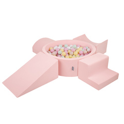 KiddyMoon Spielplatz aus Schaumstoff mit Bällebad und Bällen Hindernisläufen, pink:pastellbeige/pastellgelb/weiß/minze/puderrosa, Bällebad (200 Bälle) + Version 5
