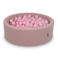KiddyMoon Bällebad für Baby mit Teddy-Plüsch, Größere 7 cm Bälle für Eine Vollere Füllung, ab 8 Monaten, Abnehmbarer Bezug, Rosa: Puderrosa/Transparent, 90 x 30 cm 200 Bälle