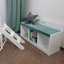KiddyMoon Sitzbank mit Sitzfläche für Kinder Multifunktional Kindermöbel zum Sitzen Aufbewahrung Spielzeug Kind, Grau/Waldgrün, UNI