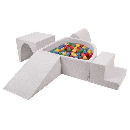 KiddyMoon Spielplatz Schaumstoff mit Viertel Eckig Bällebad Bälle Hindernisläufe, hellgrau:gelb/grün/blau/rot/orange, Bällebad (300 Bälle) + Version 3