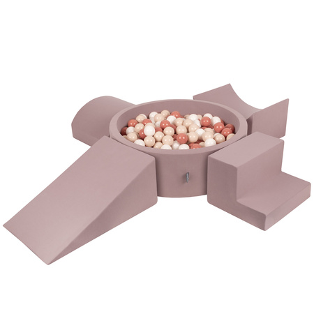 KiddyMoon Spielplatz aus Schaumstoff mit Bällebad und Bällen Hindernisläufen, erikafarben:pastellbeige/lachsfarben/weiß, Bällebad (300 Bälle) + Version 5