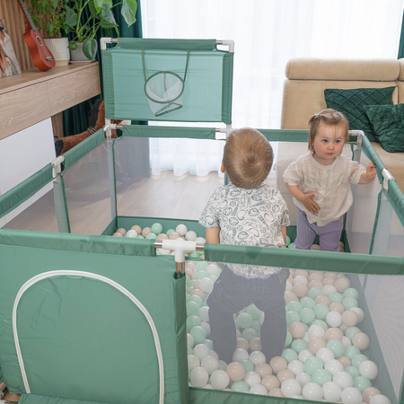 Laufstall mit Korb und Bällen Laufgitter für Kinder, grün:dunkeltürkis/pastellbeige/perle, 100 Bälle