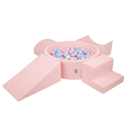 KiddyMoon Spielplatz aus Schaumstoff mit Bällebad und Bällen Hindernisläufen, pink:babyblue/puderrosa/perle, Bällebad (300 Bälle) + Version 5