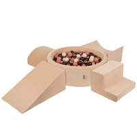 KiddyMoon Spielplatz Velvet Aus Schaumstoff Mit Samt Rund Bällebad Ballgruben Für Babys Spielbad Hindernisläufen, Hergestellt In Der EU, sandbeige:braun/kupferrot/pastellbeige/lachsfarben, Bällebad (200 Bälle) + Version 5