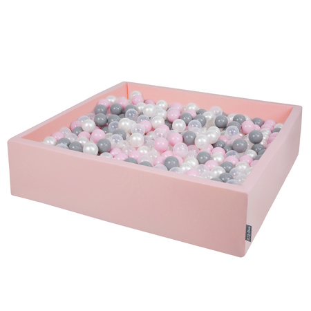 KiddyMoon Quadrat Bällebad Bällepool ∅ 7Cm Eckig Ballgruben Für Babys Spielbad Kleinkinder, Hergestellt in der EU, rosa:perle-grau-transparent-puderrosa, 120x30cm/600 Bälle