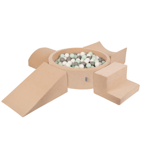 KiddyMoon Spielplatz Velvet Aus Schaumstoff Mit Samt Rund Bällebad Ballgruben Für Babys Spielbad Hindernisläufen, Hergestellt In Der EU, sandbeige:weiß/grau/minze, Bällebad (200 Bälle) + Version 5