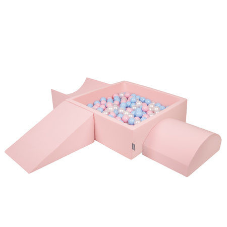 KiddyMoon Spielplatz aus Schaumstoff mit Quadrat Bällebad Bälle Hindernisläufen, pink:babyblue/puderrosa/perle, Bällebad (200 Bälle) + Version 4