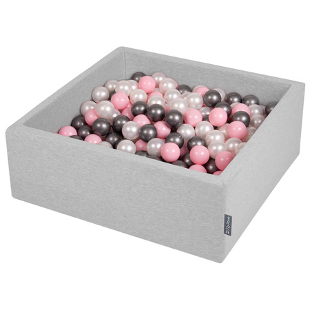 KiddyMoon Bällebad Bällepool mit bunten Bällen ∅ 7Cm  für Babys Kinder Quadrat, hellgrau:perle/puderrosa/silbern