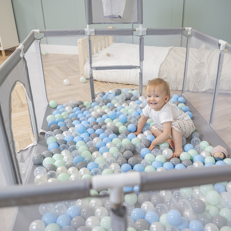 Laufstall Baby Großer Spielplatz mit Bällen Laufgitter für Kinder, Grau:perle/grau/transparent/babyblue/minze, 400 Bällen