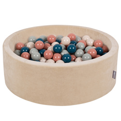 KiddyMoon Rund Bällebad Velvet  ∅ 7Cm, Sandbeige: Dunkeltürkis/Pastellbeige/Grüngrau/Lachsfarbe, 90x30cm/300 Bälle