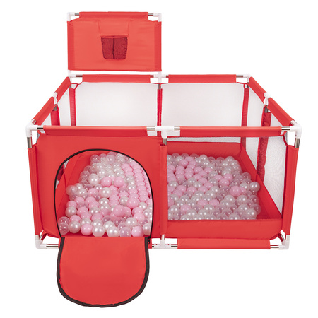 Laufstall mit Korb und Bällen Laufgitter für Kinder, Rot:puderrosa/perle/transparent, 100 Bälle