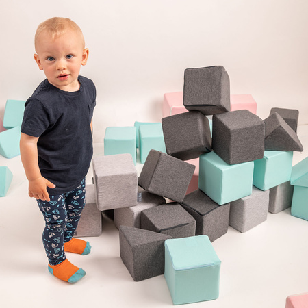 KiddyMoon Schaumstoff Würfel für Baby Weiche Blöcke Schaum Spielzeug Montessori-Spielzeug mit Schaum und viel Spaß für Kinder, Hergestellt in der EU, Blöcke: hellgrau-dunkelgrau-pink-mint, 6 Stücke