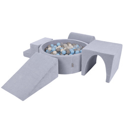 KiddyMoon Spielplatz Aus Schaumstoff Für Kinder Mit Bälle Waschbare Bezug, dunkelgrau: perle/grau/transparent/babyblau, Bällebad (200 Bälle) + Version 3