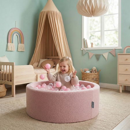KiddyMoon Bällebad für Baby mit Teddy-Plüsch, Größere 7 cm Bälle für Eine Vollere Füllung, ab 8 Monaten, Abnehmbarer Bezug, Rosa: Pastellbeige/Weiß/Perle, 90 x 30 cm 200 Bälle