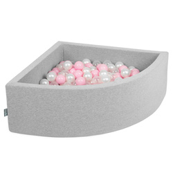 KiddyMoon Viertel Eckig Bällebad Bällepool ∅ 7Cm Ballgruben Für Babys Spielbad Kleinkinder, Hergestellt in der EU, hellgrau:puderosa/perle/transparent, 90x30cm/200 Bälle