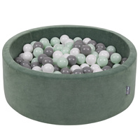 KiddyMoon Rund Bällebad Velvet Bällepool ∅ 7Cm Ballgruben Für Babys Spielbad Kleinkinder, Hergestellt in der EU, waldgrün: weiß/grau/mint, 90x30cm/200 Bälle