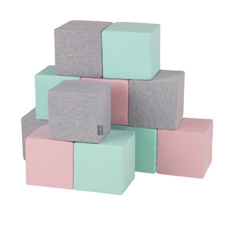 KiddyMoon Weiche Bausteine aus Schaumstoff für Kinder, Blöcke: hellgrau-pink-mint, 12 Stücke