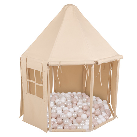 KiddyMoon Spielzelt Kinderzelt Faltbare Für Kinder Pavillon Förmiges Kinderhaus Leicht Zu Montieren Zum Spielen Und Entspannen Geeignet Für Drinnen Und Draußen, Naturfarbe:pastellbeige/weiß/perle, 100 Bälle