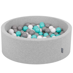 KiddyMoon Bällebad Bällepool mit bunten Bällen ∅ 7Cm  für Babys Kinder Rund, hellgrau:weiß/grau/helltürkis, 90x30cm/200 Bälle