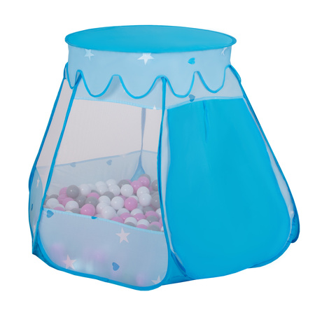 Baby Spielzelt Mit Plastikbällen Für Kinder Leicht und Kompakt ideal für Drinnen Und Draußen Fördert Sensorische Integration Schneller Aufbau, blau:türkis-blau-gelb-transparent, 200 Stück
