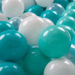 KiddyMoon Kinder Bälle für Bällebad Baby Spielbälle Plastikbälle ∅7cm Made in EU, helltürkis/weiß/transparent/türkis, 100 Bälle/7cm