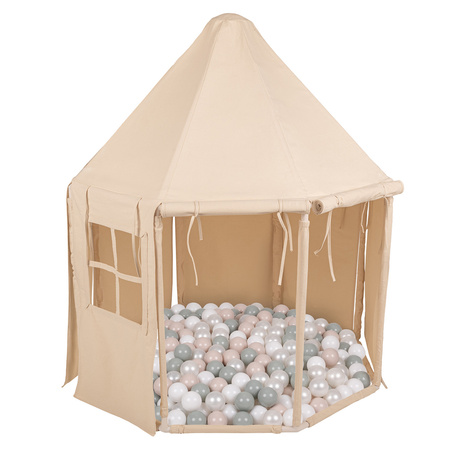 KiddyMoon Spielzelt Kinderzelt Faltbare Für Kinder Pavillon Förmiges Kinderhaus Leicht Zu Montieren Zum Spielen Und Entspannen Geeignet Für Drinnen Und Draußen, Naturfarbe:weiß/perle/pastellbeige/grüngrau, 300 Bälle