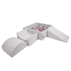 KiddyMoon Spielplatz aus Schaumstoff mit Quadrat Bällebad Bälle Hindernisläufen, hellgrau:perle/grau/transparent/puderrosa, Bällebad (300 Bälle) + Version 4