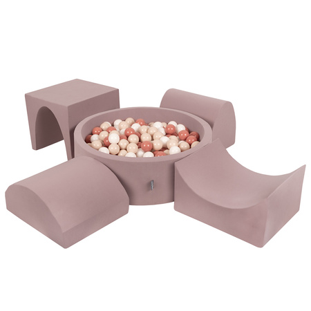 KiddyMoon Spielplatz aus Schaumstoff mit Rund Bällebad (300 Bälle) Ballgruben für Babys Spielbad Hindernisläufen, Hergestellt in der EU, erikafarben:pastellbeige/lachsfarben/weiß, Bällebad (300 Bälle) + Version 1