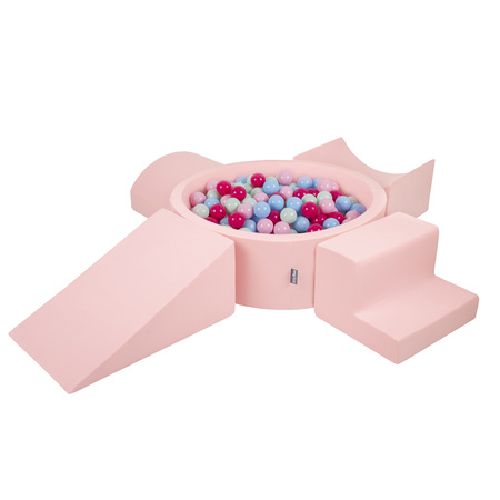 KiddyMoon Spielplatz aus Schaumstoff mit Bällebad und Bällen Hindernisläufen, pink:puderrosa/dunkelpink/babyblau/minze, Bällebad (300 Bälle) + Version 5