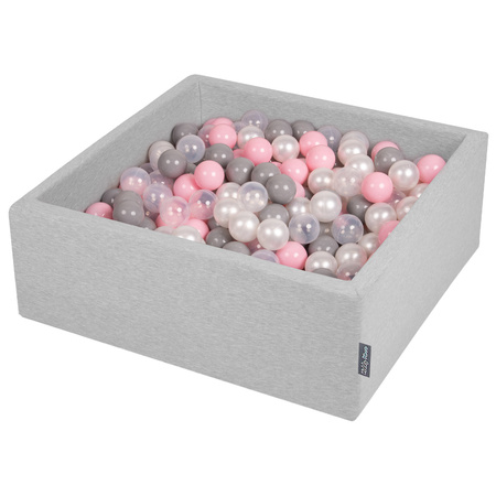 KiddyMoon Bällebad Bällepool mit bunten Bällen ∅ 7Cm  für Babys Kinder Quadrat, hellgrau:perle/grau/transparent/rosa