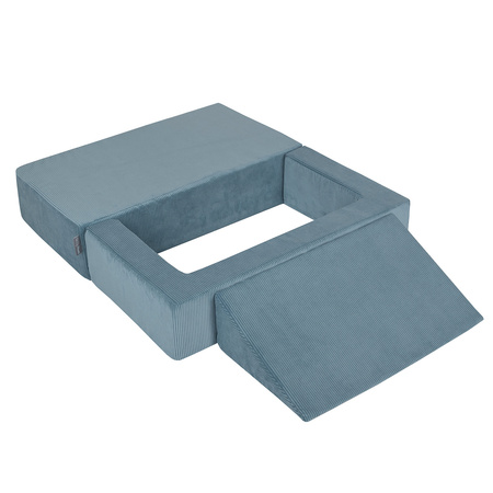 KiddyMoon Kindersofa Modular mit Weichem Zwickel und Bällen Für Kinderzimmer Bequem Vielseitig Gerippter Stoff Abnehmbarer Bezug Perfekt zum Spielen und Entspannen, blau: pastellbeige/pastellblau/weiß/perle, Sofa/Zwickel + 100 Bälle