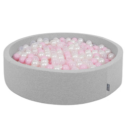 KiddyMoon Rund Bällebad Bällepool ∅ 7Cm Ballgruben Bunten Bällen Für Babys Spielbad Kleinkinder, Hergestellt in der EU, hellgrau:puderrosa-perle-transparent, 120x30cm/600 Bälle