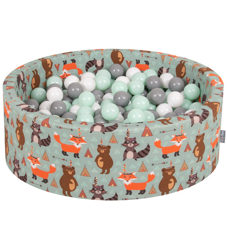 KiddyMoon Rund Bällebad Bällepool ∅ 7Cm Ballgruben Mit Bunten Bällen Für Babys Spielbad Kleinkinder, Hergestellt in der EU, Füchse-grün:weiß/grau/mint, 90x30cm/300 Bälle