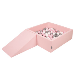 KiddyMoon Spielplatz aus Schaumstoff mit Quadrat Bällebad Bälle Hindernisläufen, pink:weiß/grau/puderrosa, Bällebad (100 Bälle) + Zwickel