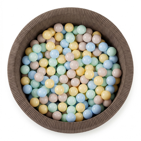 KiddyMoon Bällebad für Kinder aus Schaumstoff, weicher Rippbezug, abnehmbarer Bezug, waschbar, Braun: Pastellbeige/Pastellblau/Pastellgelb/Minze, 90 x 30 cm 200 Bälle