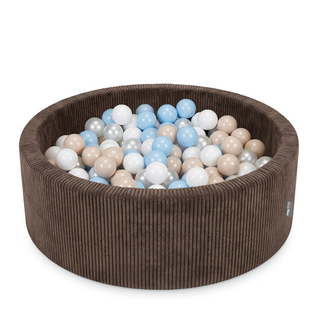 KiddyMoon Bällebad für Kinder aus Schaumstoff, weicher Rippbezug, abnehmbarer Bezug, waschbar, Braun: Pastellbeige/Pastellblau/Weiß/Perle, 90 x 30 cm 200 Bälle