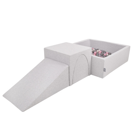 KiddyMoon Spielplatz aus Schaumstoff mit Quadrat Bällebad Bälle Hindernisläufen, hellgrau:perle/grau/transparent/puderrosa, Bällebad (200 Bälle) + Version 2