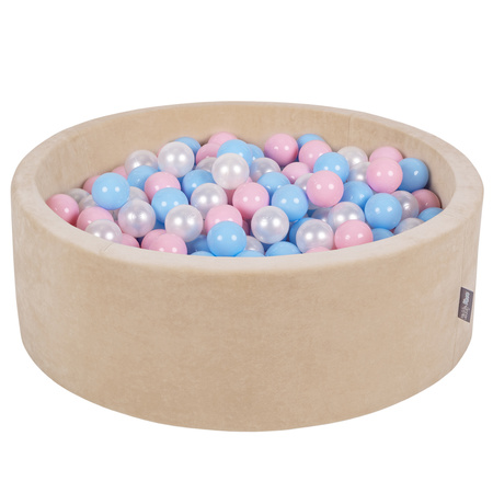 KiddyMoon Rundes Bällebad Schaumstoff Velvet Sensorik Spielzeug, Sandbeige: Babyblau/Puderrosa/Perle, 90 x 30 cm 300 Bälle