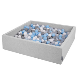 KiddyMoon Quadrat Bällebad Bällepool ∅ 7Cm Eckig Ballgruben Für Babys Spielbad Kleinkinder, Hergestellt in der EU, hellgrau: grau/weiß/transparent/babyblue, 120x30cm/300 Bälle