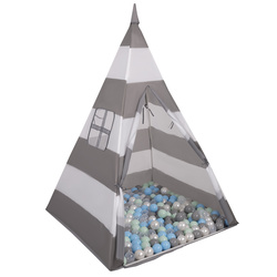 Tipi Spielzelt mit Bälle Indianerzelt für Kinder Kinderzimmer Zelt, grauweißStreifen:perle/grau/transparent/bblau/mint, 100 Bälle