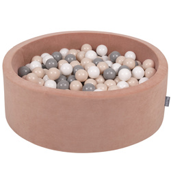 KiddyMoon Rund Bällebad Velvet Bällepool ∅ 7Cm Ballgruben Für Babys Spielbad Kleinkinder, Hergestellt in der EU, wüstenrosa: pastellbeige/grau/weiß, 90x30cm/200 Bälle