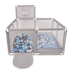 Laufstall mit Korb und Bällen Laufgitter für Kinder, Grau:grau/weiß/transparent/babyblue, 100 Bälle
