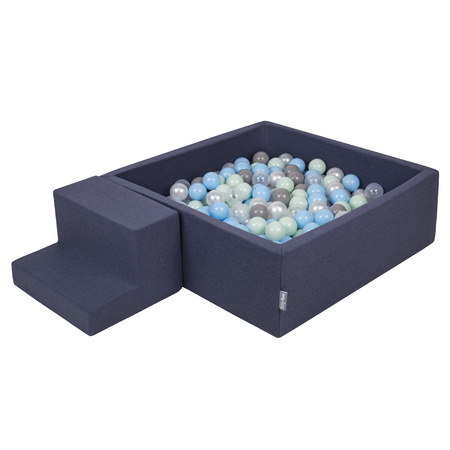 KiddyMoon Spielplatz aus Schaumstoff mit Quadrat Bällebad Ballgruben für Babys Spielbad Hindernisläufen, Hergestellt in der EU, dunkelblau:perle/grau/transparent/babyblue/minze, Bällebad (100 Bälle) + Stüfchen