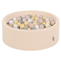 KiddyMoon Bällebad Bällepool mit bunten Bällen ∅ 7Cm für Babys Kinder Rund, beige:pastellbeige/grüngrau/pastellgelb/weiß, 90x30cm/200 Bälle
