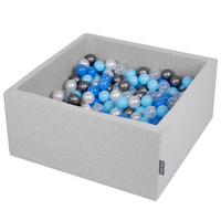 KiddyMoon Bällebad Bällepool mit bunten Bällen ∅ 7Cm für Babys Kinder Quadrat, hellgrau:perle/blau/baby blau/transparent/silbern, 90x40cm/300 Bälle