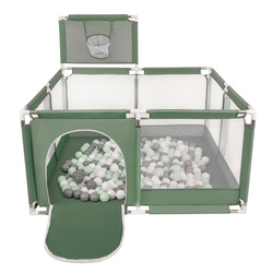 Laufstall mit Korb und Bällen Laufgitter für Kinder, grün:weiß/grau/minze, 200 Bälle