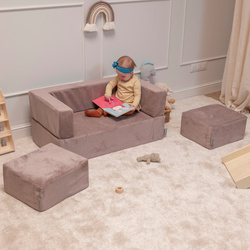 KiddyMoon Kindersofa und Bällen Für Kinder Weiches Schaumstoff-Sofa Leich Modulares Sofa Vielseitig Abnehmbarer Bezug Perfekt für Spiel Lernen und Entspannung, dunkelbeige: pastellbeige/pastellblau/weiß/perle, Sofa + 100 Bälle