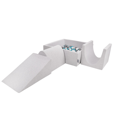 KiddyMoon Spielplatz aus Schaumstoff mit Quadrat Bällebad Bälle Hindernisläufen, hellgrau:grau/weiß/türkis, Bällebad (300 Bälle) + Version 2