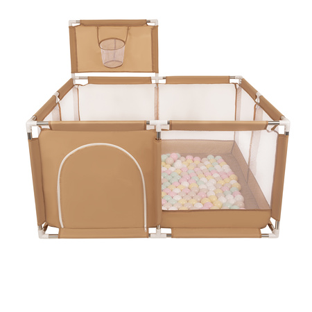 Laufstall mit Korb und Bällen Laufgitter für Kinder, beige:pastellbeige/pastellgelb/weiß/minze/puderrosa, 100 Bälle