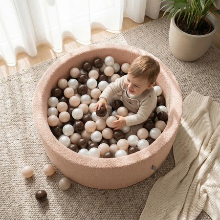 KiddyMoon Bällebad für Baby mit Teddy-Plüsch, Größere 7 cm Bälle für Eine Vollere Füllung, ab 8 Monaten, Abnehmbarer Bezug, Beige: Pastellbeige/Braun/Perle, 90 x 30 cm 200 Bälle